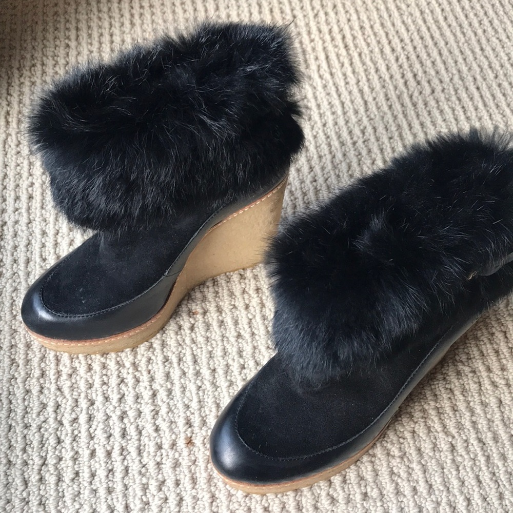 Tory Burch rabbit fur trimmed wedge ankle boots